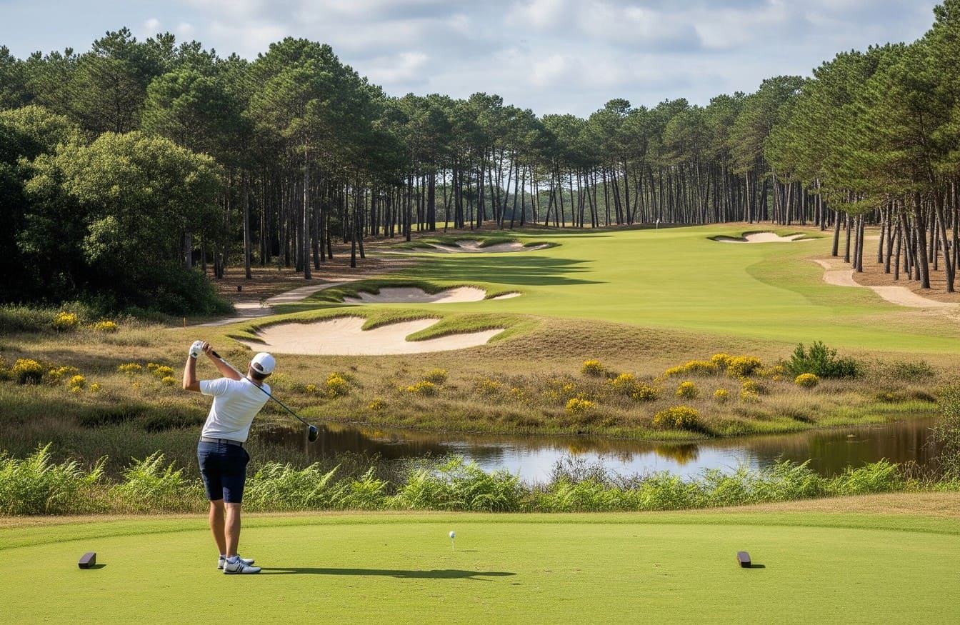 Ce golf au cœur d’une pinède majestueuse mêle tracé technique, senteurs marines et vues inattendues