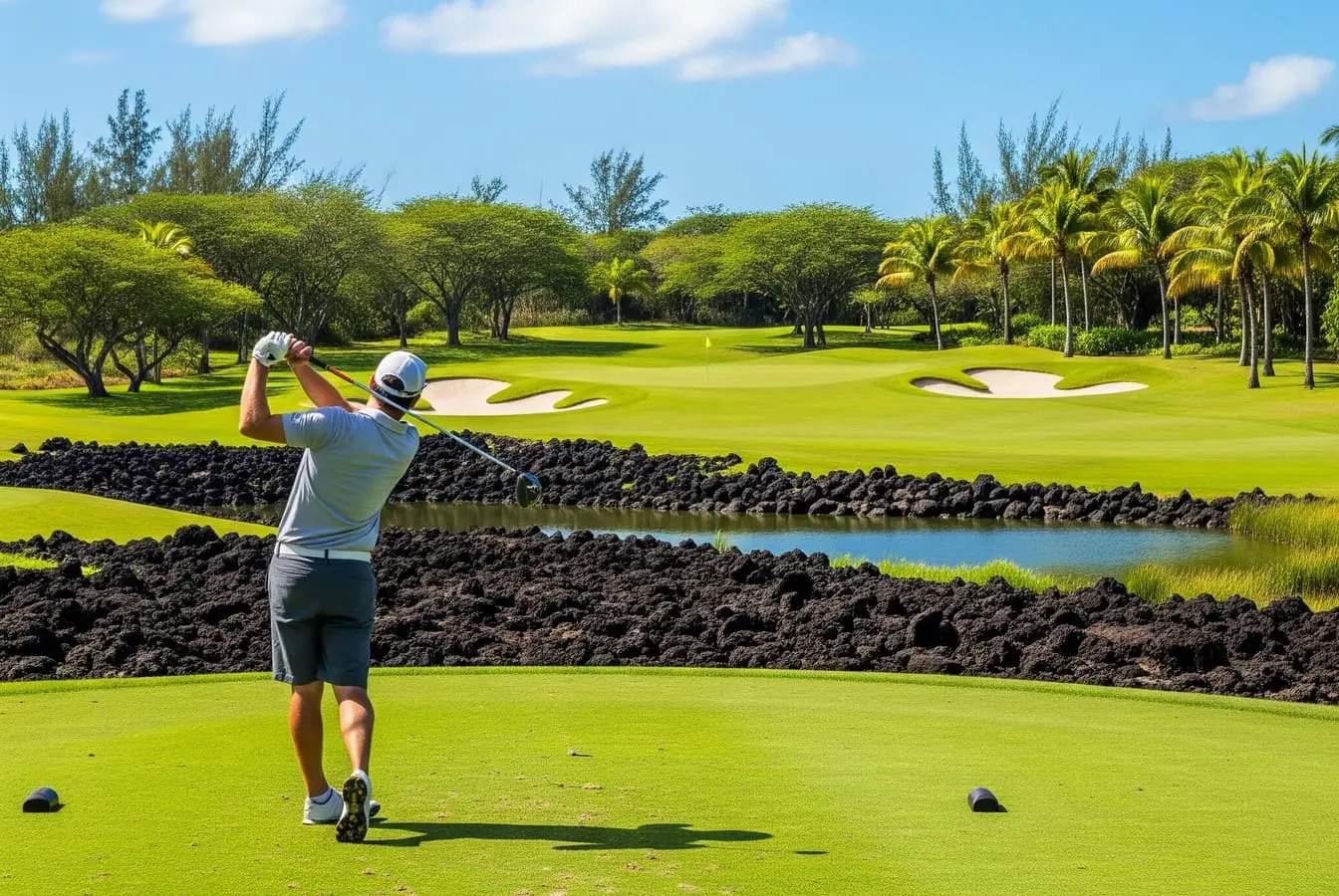 Ce golf entre roche noire, palmiers tropicaux et océan turquoise offre une claque visuelle absolue