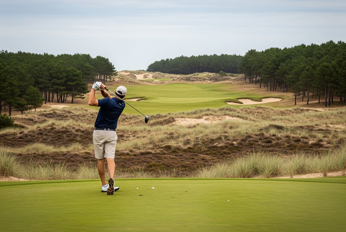 Ce golf fusionne ombre apaisante des sous-bois, lumière éclatante des dunes et horizon marin infini