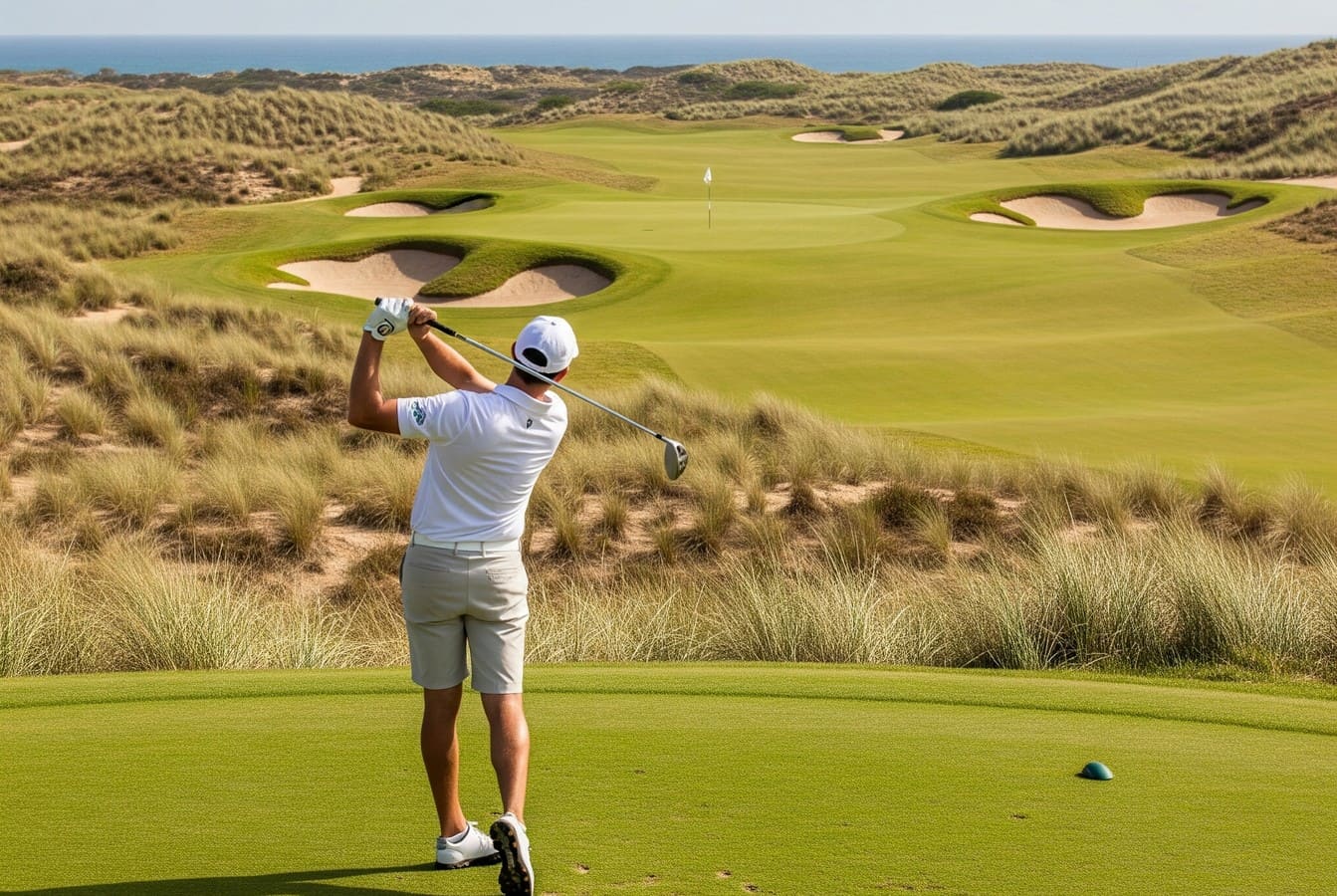 Ce golf aux allures de mirage mêle dunes sauvages, vagues déchaînées et tracé d’élite