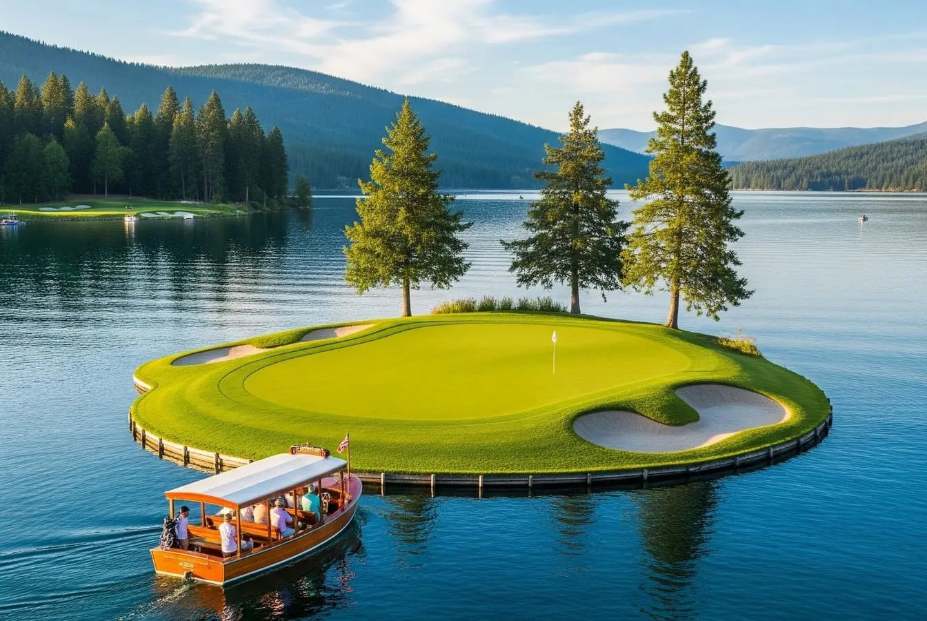 C’est le seul green flottant au monde : il bouge vraiment sur un lac immense !